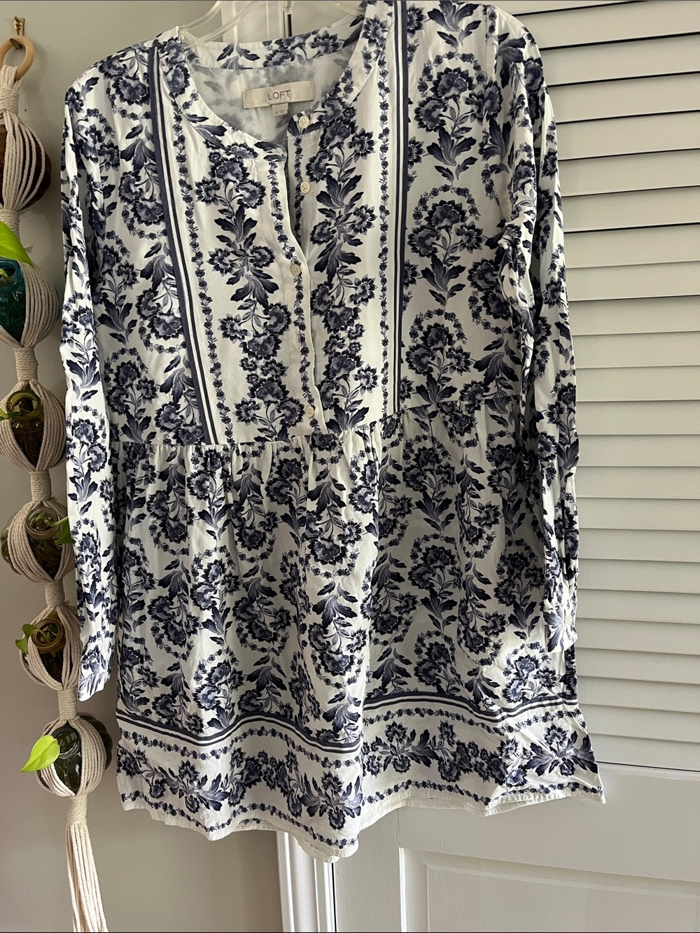 LOFT White and Navy Floral Peplum Tunic